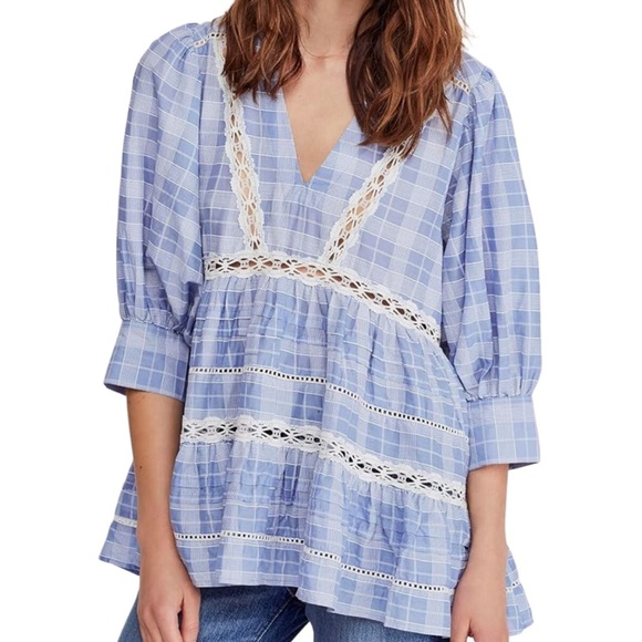 Free People Tops - Free People Women's Time Out Lace Plaid Gingham 3/4 Sleeve Ruffle Tunic Blouse